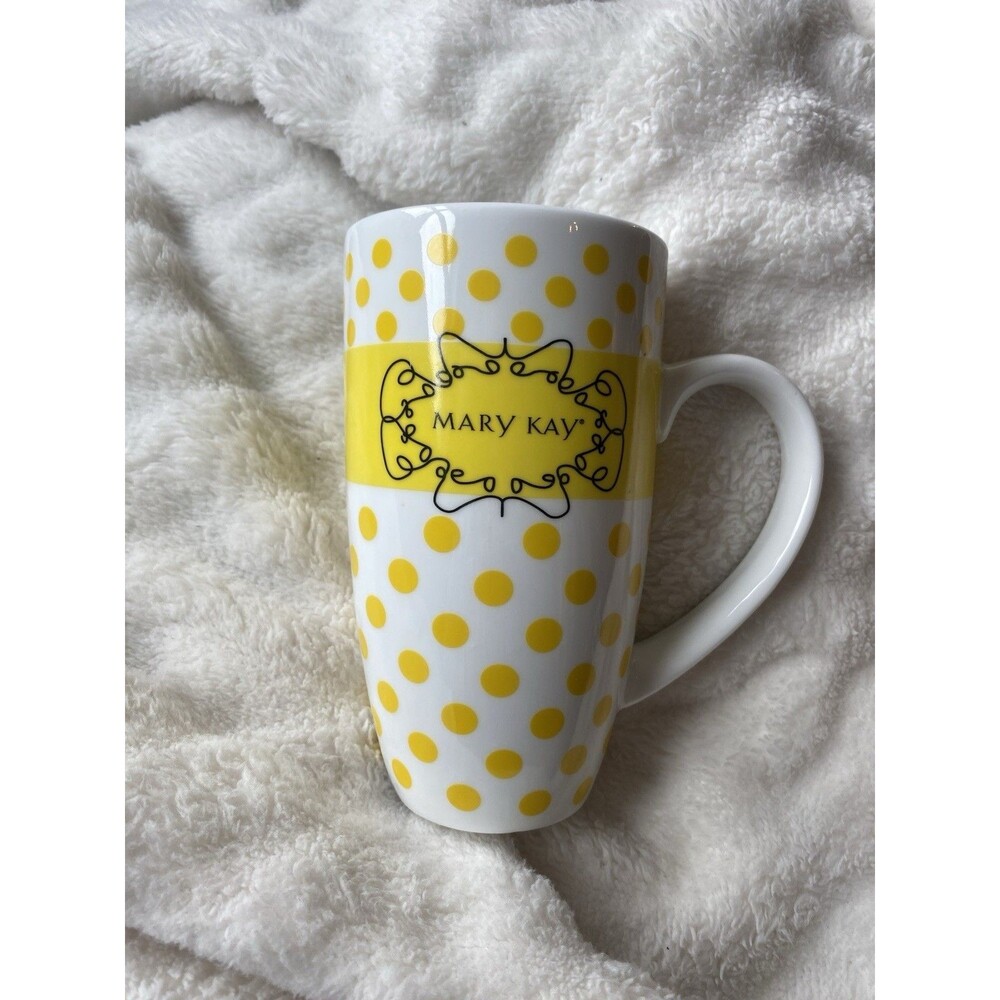 2013 Mary Kay Tall Coffee Cup Yellow Polka Dots 16 oz